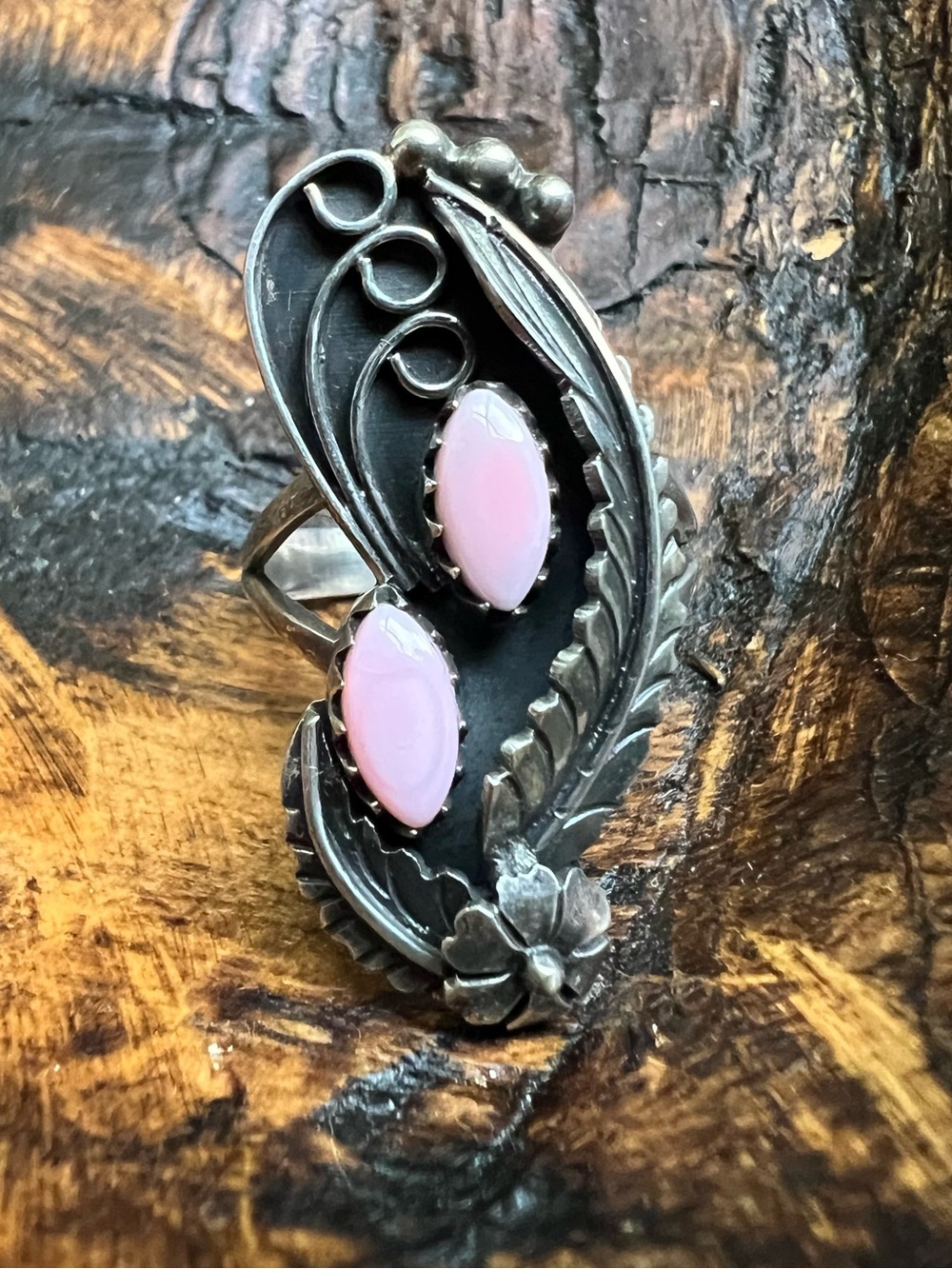 Sterling Silver Queen Conch Double Stone Floral Leaf Ring Size 8